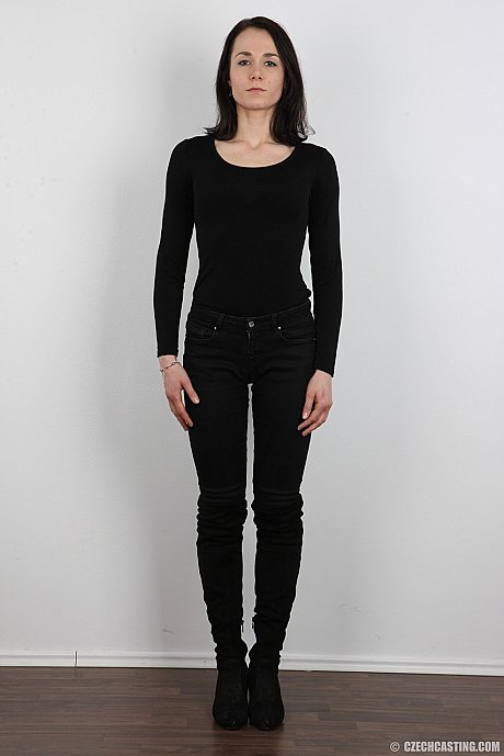 Dark haired slut girlfriend broad Kristyna stands straight and nude during her modeling debut