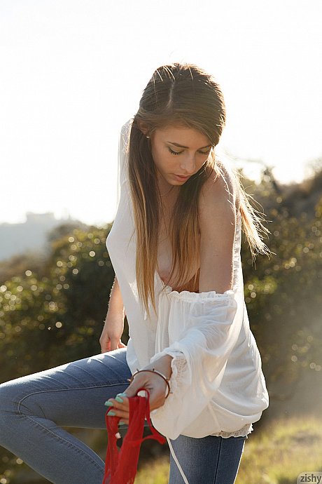 Alluring young in jeans Gracie Thibble flashes her juicy natural melons outdoors - Image 10 of 11  in Babe category   featuring Gracie Thibble 