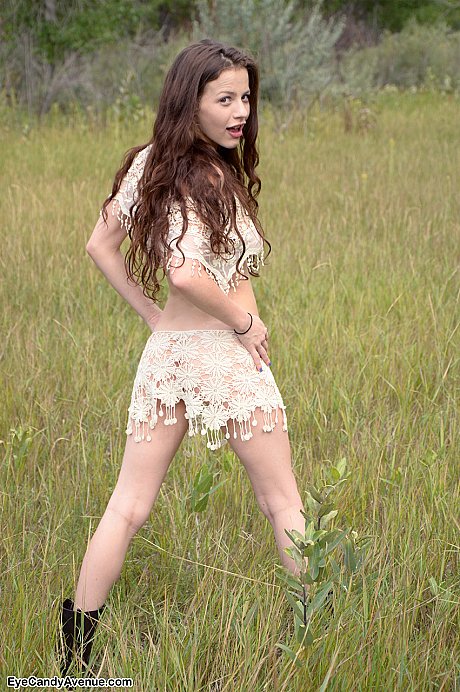 Thin young teenie chick girl girl Iva Nora teases her long hair in a field - Image 11 of 16  in Outdoor category   featuring Iva Nora 