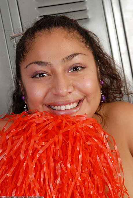 Skinny curly haired cheerleader Reena shows her wide ass and furry snatch - Gallery #8970