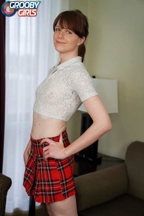 Thin ladyboy Alice Kollars doffs her plaid skirt and flaunts her anus - #800496