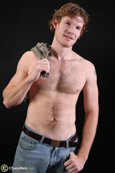 Red Hair model Riordan undresses and unveils his bushy body and hard dong