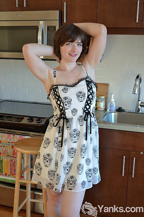 Pale short haired Raven Snow strips to model her shaved snatch & natural breasts - Image 2 of 16  in Skirt category   featuring Raven Snow 