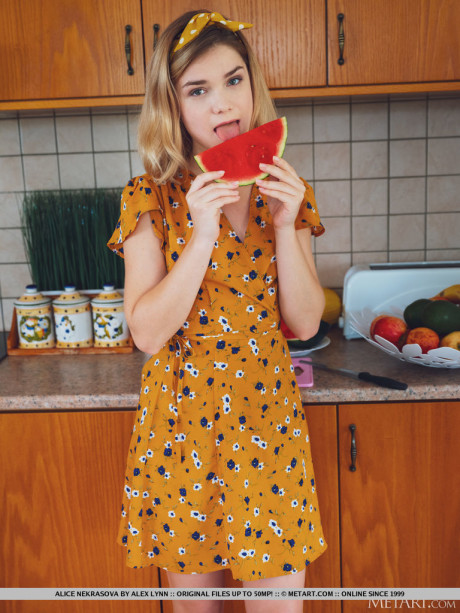 Charming young Alice Nekrasova gets totally naked after eating watermelon - #1492892