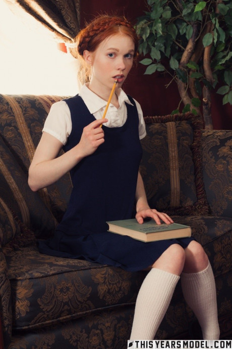 Young teen looking red hair Dolly Little gets nude in white socks and Mary Jane's