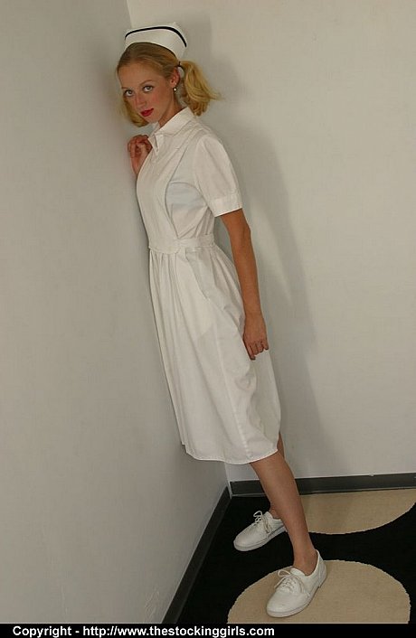 Blonde nurse sports red lips while getting naked in backseam leggings - Image 1 of 15  in Feet category   featuring Grace 