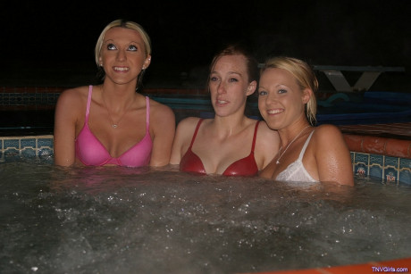 Lesbian teens Cari, Nadia, and Vanessa strip and pose undressed in the jacuzzi - #1136643