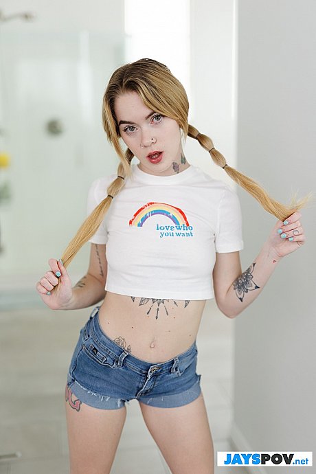 Pigtailed teen babe Sage Fox strips & shows her sweet tattoos, tits & gigantic behind - Image 3 of 21  in Teen category   featuring Sage Fox 