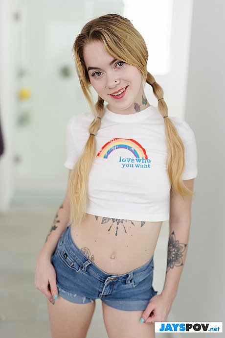 Pigtailed teen babe Sage Fox strips & shows her sweet tattoos, tits & gigantic behind - Image 5 of 21  in Teen category   featuring Sage Fox 