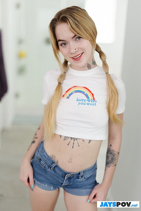 Pigtailed teen babe Sage Fox strips & shows her sweet tattoos, tits & gigantic behind - Image 6 of 21  in Teen category   featuring Sage Fox 