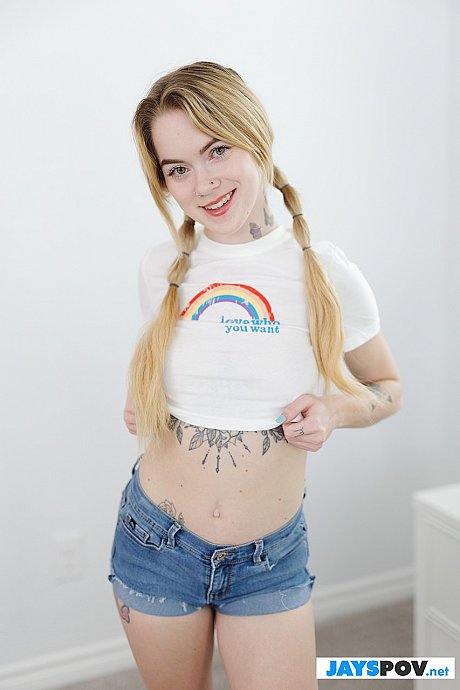 Pigtailed teen babe Sage Fox strips & shows her sweet tattoos, tits & gigantic behind - Image 7 of 21  in Teen category   featuring Sage Fox 