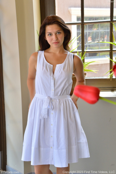 Brunette sweetie Ariana fucks a giant rubber dildo wearing a white dress - #967671