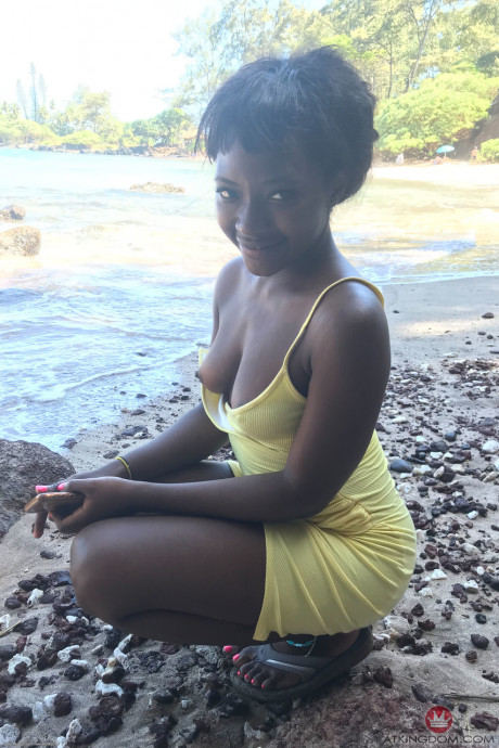 Little Afro-American young Noemie Bilas shows her tits & choco holes in a solo - #233442