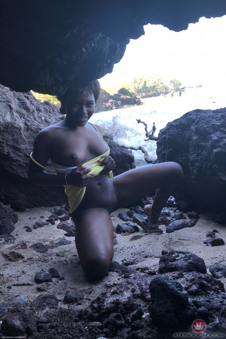 Little Afro-American young Noemie Bilas shows her tits & choco holes in a solo - #233443