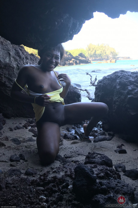 Little Afro-American young Noemie Bilas shows her tits & choco holes in a solo - #233444
