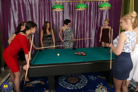 Kinky lesbians having groupsex with cue sticks while playing pool - #1072443