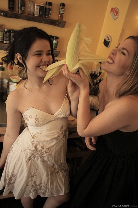 Hot lesbians Ella Nova & Yhivi lick vagina & play with veggies in the kitchenette - Image 5 of 21  in Lesbian category   featuring Ella Nova, Yhivi 