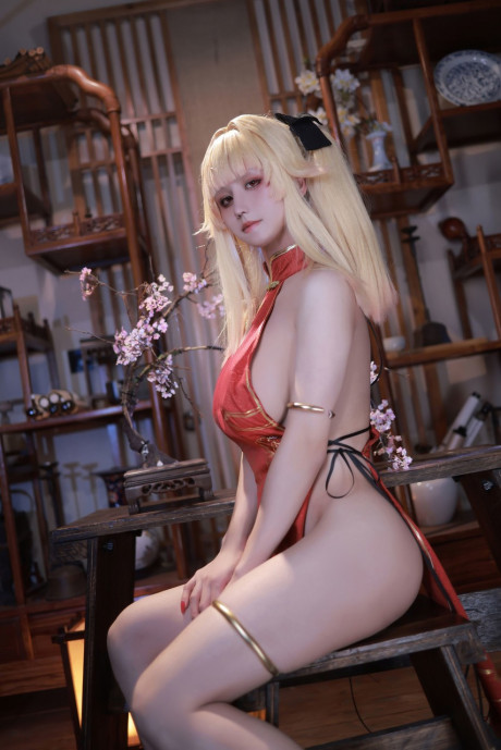 Breathtaking oriental yellow-haired cosplay babe posing seductively in a solo - #1248103