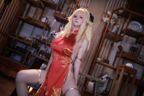 Breathtaking oriental yellow-haired cosplay babe posing seductively in a solo - #1248107