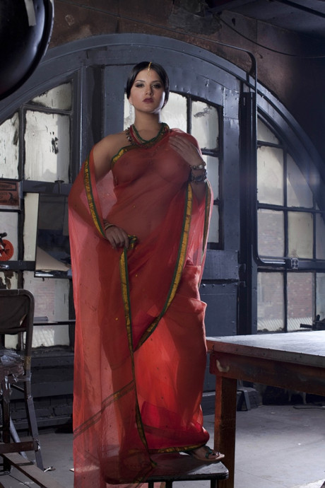 Busty solo bitch GF woman Sunny Leone models solo in see thru Indian attire - #63742