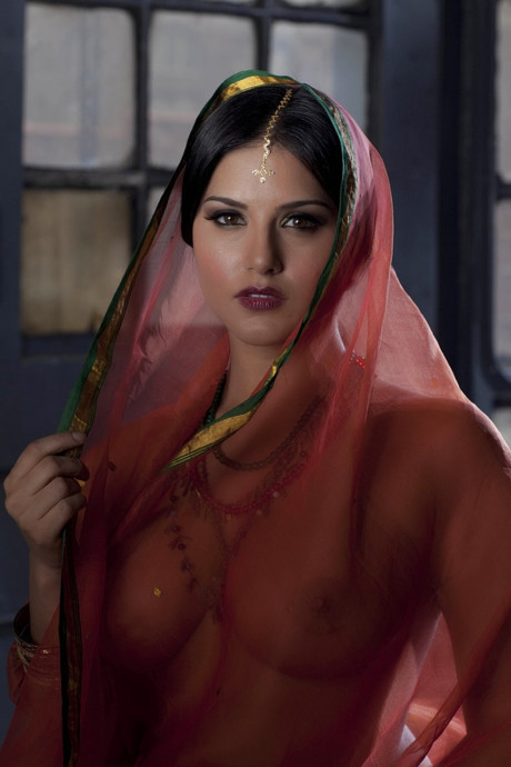 Busty solo bitch GF woman Sunny Leone models solo in see thru Indian attire - #63747
