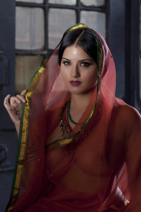 Busty solo bitch GF woman Sunny Leone models solo in see thru Indian attire - #63748