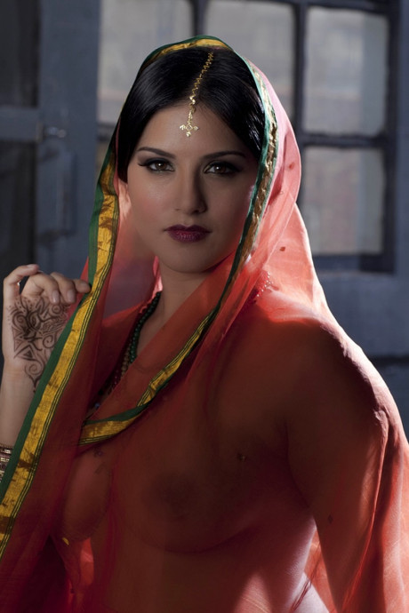 Busty solo bitch GF woman Sunny Leone models solo in see thru Indian attire - #63750