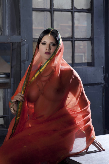 Busty solo bitch GF woman Sunny Leone models solo in see thru Indian attire - #63751