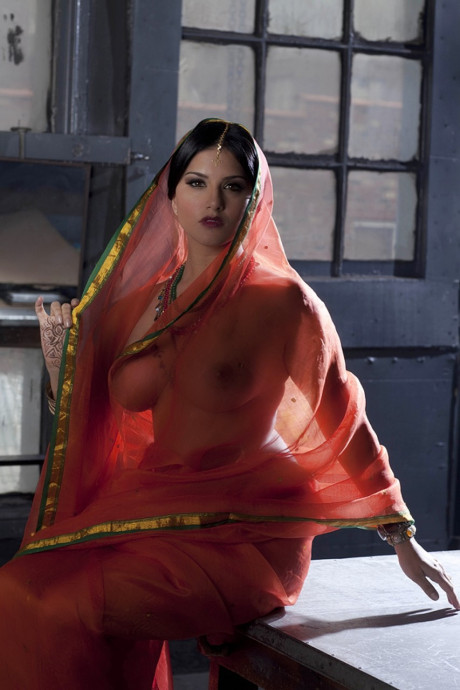 Busty solo bitch GF woman Sunny Leone models solo in see thru Indian attire - #63752