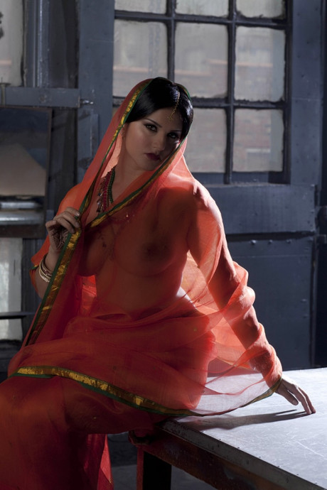 Busty solo bitch GF woman Sunny Leone models solo in see thru Indian attire - #63753