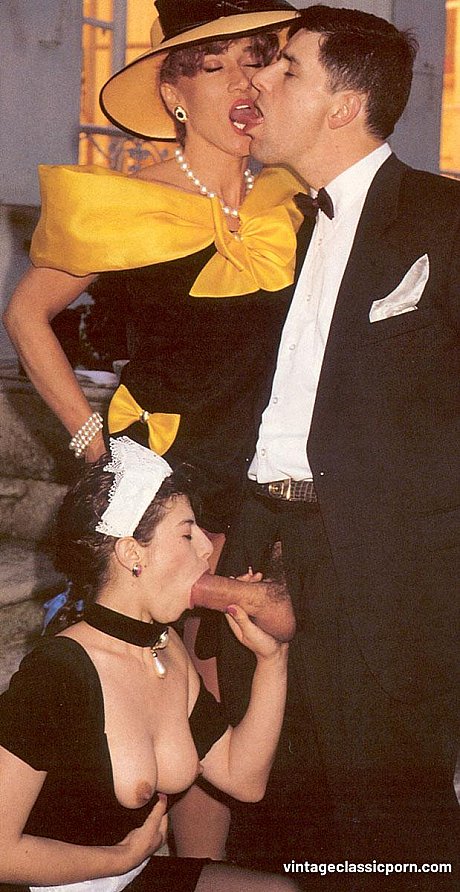 Horny whore lady and a maid show their cunts and share a butler's schlong in stockings - Image 3 of 20  in Pussy category   featuring Jean Yves Le Castel, Cindy Perez 