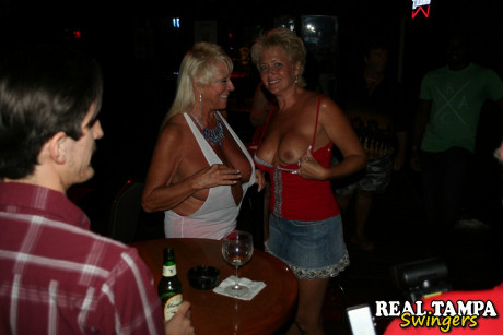 Busty old swingers with amazing juggs share black dongs on a night out - #958073