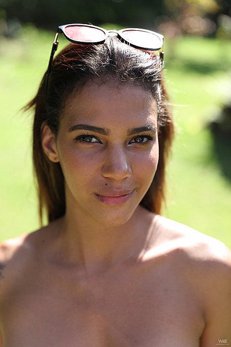 Cute hispanic teenie Abril reveals her pretty melons and tasty muff in the backyard - Image 20 of 21  in Babe category   featuring Abril 