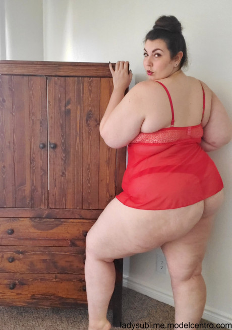 Fatty in a red negligee girl girl Sublime flaunts her enormous juggs while blowing a toy - #845276