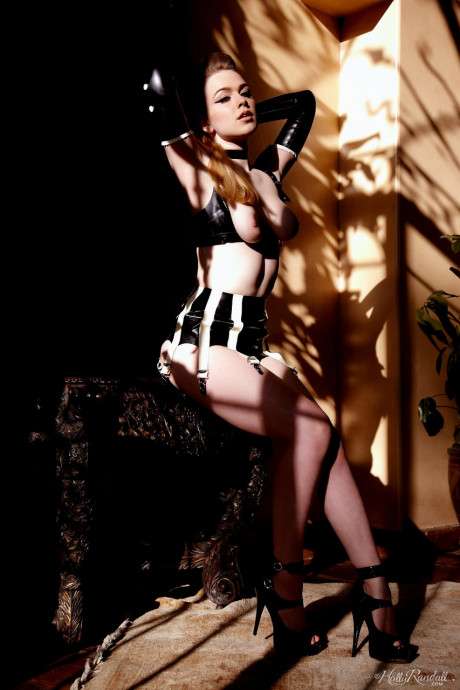 Glamorous brunette Alaina Fox posing in provocative leather undies - #542602