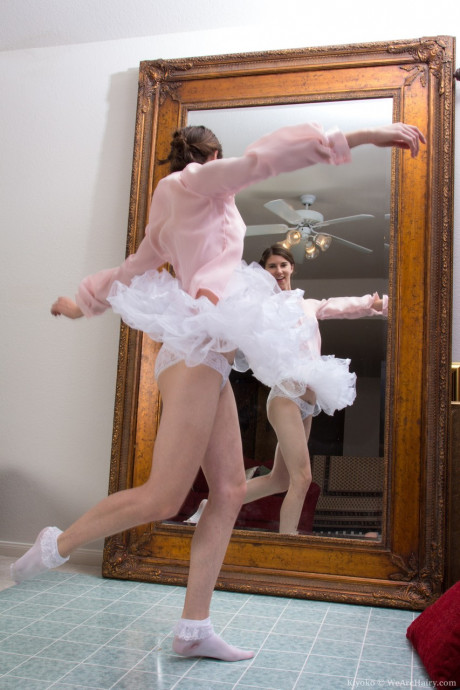 Happy ballerina Kiyoko flashes panty upskirt & peels to pet her hairy pussy - #610870