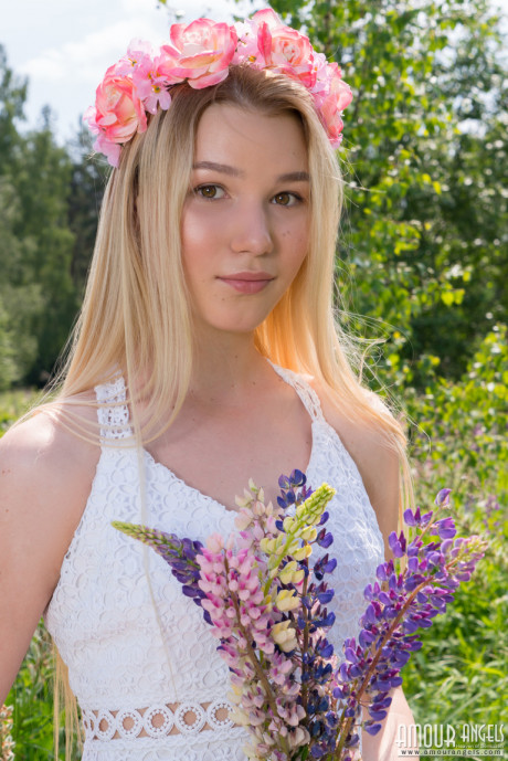 Young young blondie wears a crown of flowers during her undressed debut amid fireweed #59070