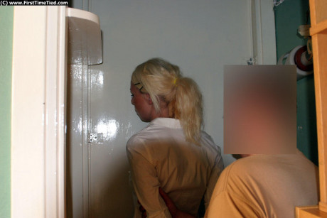 Blondy skank gf girl in a black skirt and white blouse is placed in handcuffs - #1018645