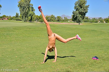 Fitness lady girl broad Roxanna stretches while stripping her clothes and posing outdoors - Image 19 of 20  in Outdoor category   featuring Roxy Raine 
