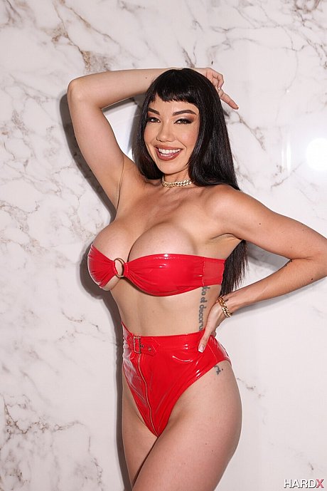 Brunette pornstar Little Puck goes nude in red latex boots before fucking - Gallery #32332