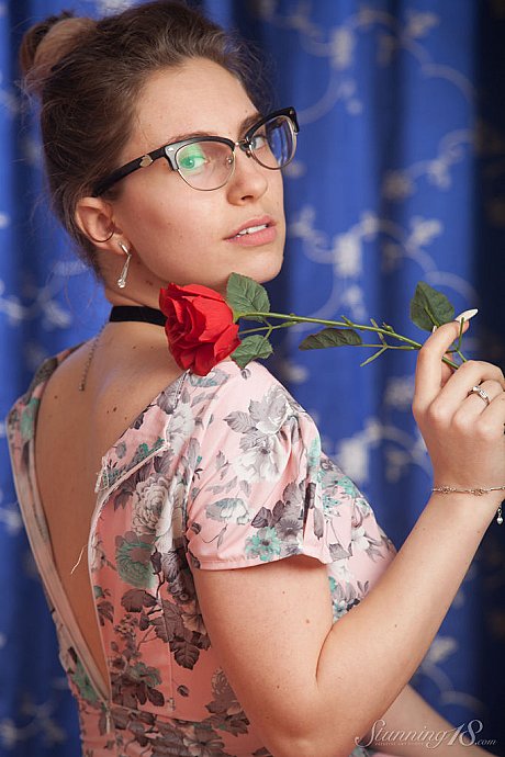 Nerdy 18 year cougar Liza Loo holds a rose showing her firm tits in glasses - Image 4 of 16  in Legs category   featuring Liza Loo 