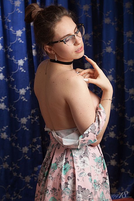 Nerdy 18 year cougar Liza Loo holds a rose showing her firm tits in glasses - Image 7 of 16  in Legs category   featuring Liza Loo 