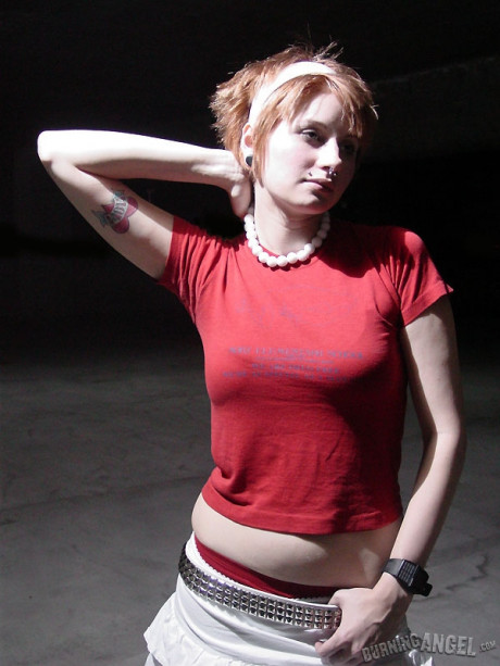 Nice ginger head Aurie strips in the dark and shows her natural tits outdoors - #769616