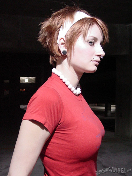 Nice ginger head Aurie strips in the dark and shows her natural tits outdoors - #769618