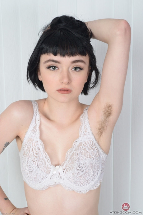 Skinny teen with black hair Matilda Bow exposes her furry armpits and cunt - #891360