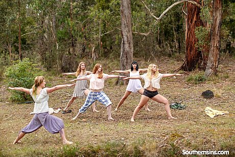 Pretty Australian ladies practicing yoga in their hot outfits in nature - Image 7 of 20  in Outdoor category   featuring Chloe B, Jane, Kim Cums, Laney, Marina Lee