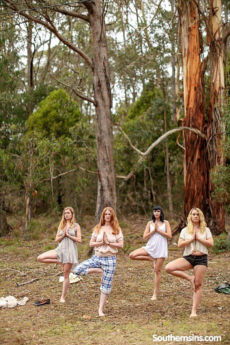 Pretty Australian ladies practicing yoga in their hot outfits in nature - Image 11 of 20  in Outdoor category   featuring Chloe B, Jane, Kim Cums, Laney, Marina Lee