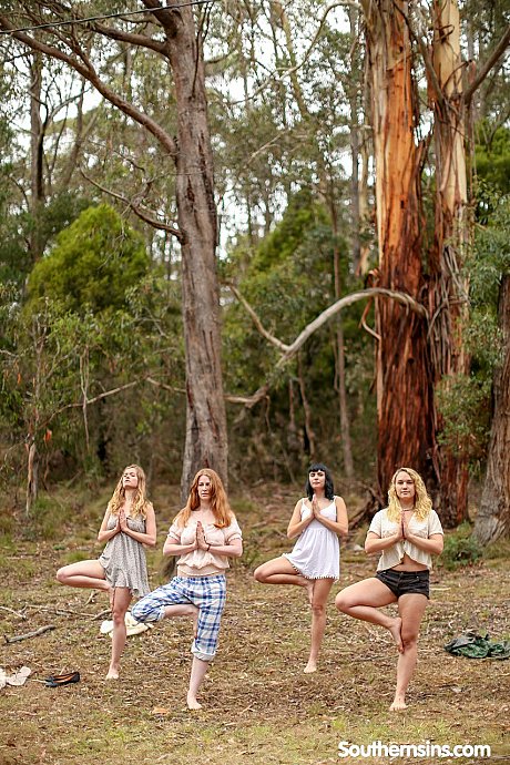 Pretty Australian ladies practicing yoga in their hot outfits in nature - Image 12 of 20  in Outdoor category   featuring Chloe B, Jane, Kim Cums, Laney, Marina Lee
