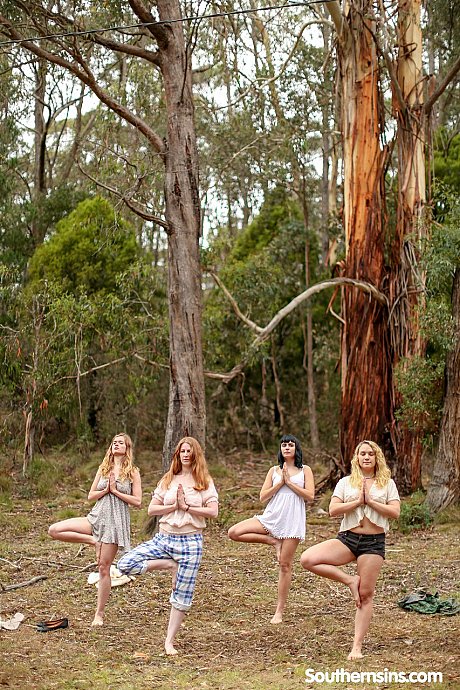 Pretty Australian ladies practicing yoga in their hot outfits in nature - Image 13 of 20  in Outdoor category   featuring Chloe B, Jane, Kim Cums, Laney, Marina Lee