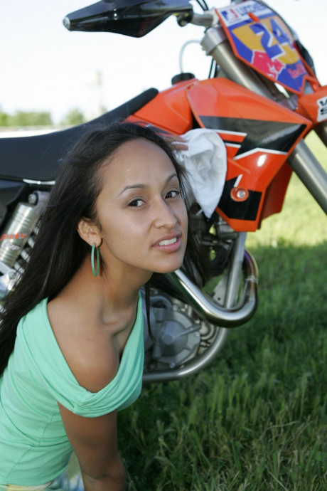 Breathtaking hispanic Pamy posing for outdoors for a motorcycle magazine #59567